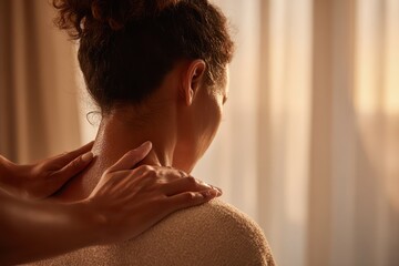 A relaxing massage session, with hands gently massaging a woman's neck and shoulders to relieve tension and promote wellness in a peaceful spa environment.