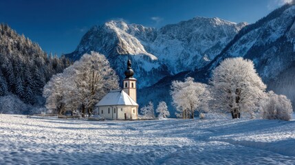 church in a snowy mountain landscape