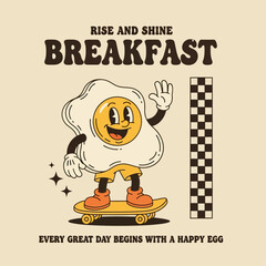 Cheerful breakfast food mascot in a groovy 70s cartoon style, a happy fried egg character riding a skateboard