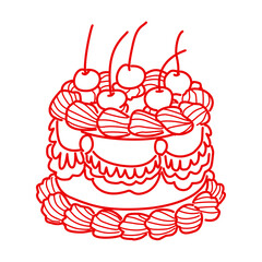 Whimsical cherry cream cake illustration vintage bakery dessert art coquette aesthetic kawaii sweet confectionery design romantic patisserie style line art