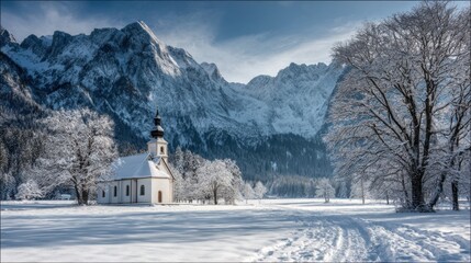 winter church in snowy mountain valley
