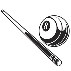 Billiard cue stick and black eight ball icon for pool game entertainment and sports