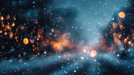 winter bokeh lights in falling snow