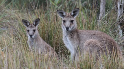 Fototapeta premium Two kangaroos are standing in a field of tall grass. The two kangaroos are looking at the camera