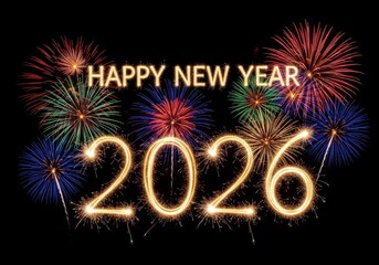 Sparkling 2026 numbers under a colorful fireworks display wishing happy new year