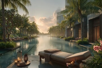 Fototapeta premium Luxury resort swimming pool with tropical palm trees and comfortable sun loungers, creating a serene and relaxing atmosphere under a beautiful, tranquil sky.