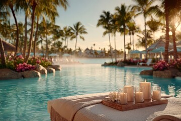 Obraz premium Luxurious spa resort with crystal-clear pool and palm trees, offering a serene retreat and a perfect escape, adorned with candles and tropical flowers.