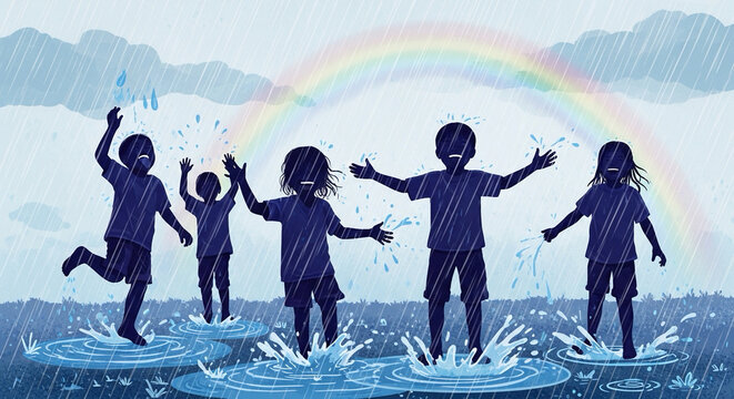 Illustration of children silhouettes playing under rain — joy and access to clean water.