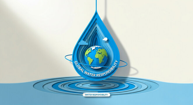 Paper cut of water droplet containing miniature Earth — global water responsibility.