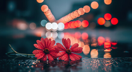 Two romantic red flowers on a wet city street at night with beautiful bokeh lights from traffic.