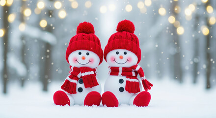 Two cute snowman friends in matching red knitted hats and scarves sitting together in a snowy winter forest.