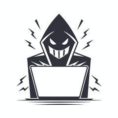 Dark hooded hacker works intently on a laptop, as lightning bolts crackle around