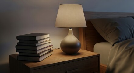 Bedside Table Lamp Stack of Books Cozy Bedroom Interior Home Decor Nightstand