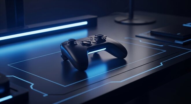 Gaming Controller Black on Table with Neon Design for Product Mockup - Powered by Adobe
