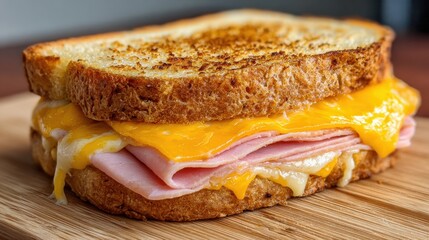 A sandwich with ham and cheese on a wooden cutting board. The sandwich is toasted and has a golden brown crust