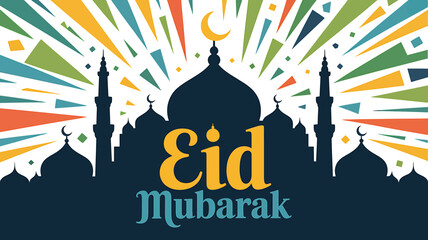 Eid Mubarak Celebration with Mosque Silhouette and Colorful Geometric Background Festive Holiday Design Concept