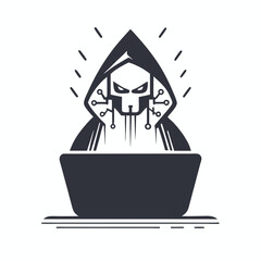 Hooded cybernetic figure uses laptop, lines radiate for emphasis, creating a digital threat atmosphere