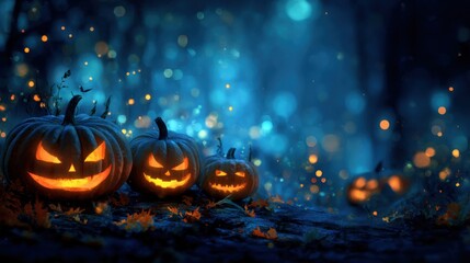 Fototapeta premium glowing jack o lanterns in magical forest