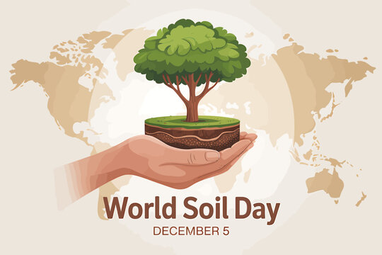 World Soil Day Illustration Featuring a Tree in Hand Over a World Map Background for Environmental Awareness and Sustainability Campaigns - Powered by Adobe