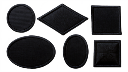 black embroidered patches collection various shape isolated on white background png, ai generated.