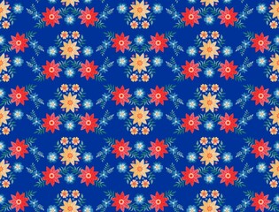 Seamless pattern with beautiful floral embroidery on a bright blue background. Summer print for fabric. Cute embroidered flowers and leaves.