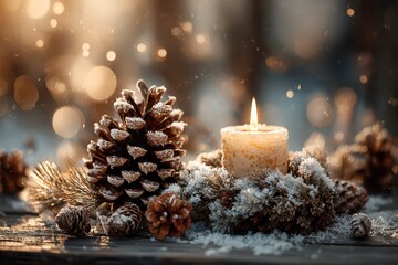 Festive winter composition with a burning candle and pine cones, covered with snow, creating a warm and cozy atmosphere, perfect for holiday celebrations.