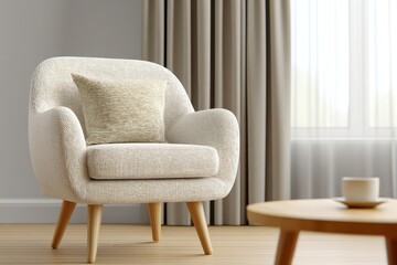 Comfortable armchair with soft cushion set in modern interior room setting, creating a cozy atmosphere, inviting relaxation and contemplation by the window light.
