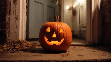 glowing jack o lantern on doorstep,
