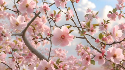 Obraz premium Delicate pink crab apple blossoms with soft petals and golden centers, set against a gentle blue sky with puffy white clouds, the branches of the tree are slender and swaying, with a few dark green le