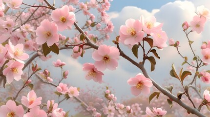 Obraz premium Delicate pink crab apple blossoms with soft petals and golden centers, set against a gentle blue sky with puffy white clouds, the branches of the tree are slender and swaying, with a few dark green le