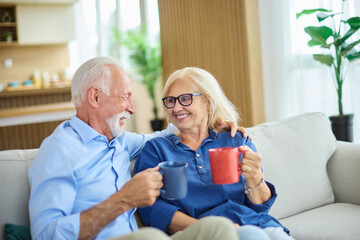 Portrait of a happy senior couple embracing talking and drinking coffee or tea at home