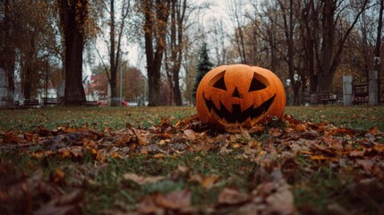 carved halloween pumpkin on autumn leaves,
