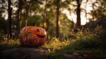 smiling floral pumpkin in autumn woods