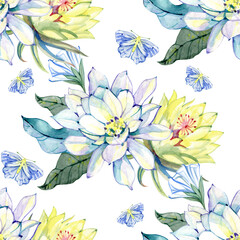 Watercolor floral spring pattern. blue flowers. green leaves. butterfly