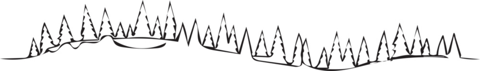 Stylized black and white line art illustration of a whimsical forest landscape with abstract trees and rolling hills