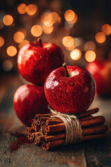 Fresh red apples with cinnamon sticks on a rustic wooden surface