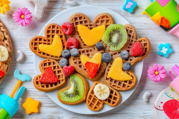 Whole-grain mini waffles with fresh fruit toppings and honey, served on a white plate. 