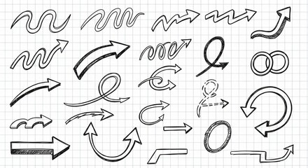 Fototapeta premium Doodle Arrow Set on Grid Paper,Black and White Sketchy Arrows in Wavy, Curved, Zigzag, and Straight Styles with Solid and Dashed Lines