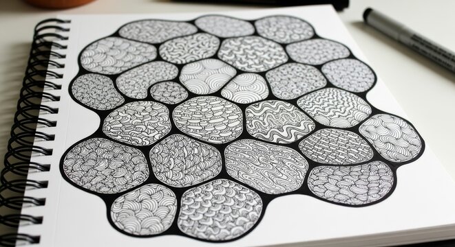 Zentangle Pattern in Spiral Notebook Detailed Black Ink Illustration of Organic Cells and Wavy Line Motifs on White Paper with High Contrast Texture