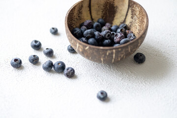 Close-Up of Wild Blueberries in a coconut Bowl
