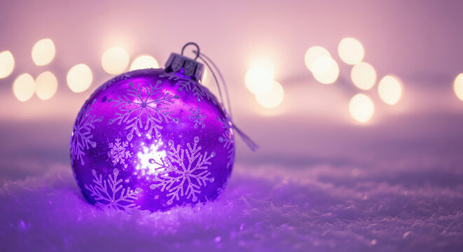 Purple Christmas ornament with a snowflake pattern in the snow. Magical holiday bauble with a glowing purple light and bokeh background.