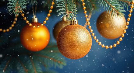 Golden and orange glitter Christmas baubles and a bead garland hanging on a fir branch with falling snow against a dark blue winter background.
