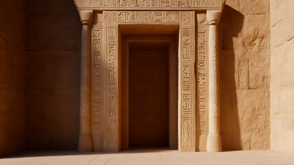 Fototapeta premium Mysterious portal framed by sandstone walls adorned with hieroglyphs in an Egyptian temple bathed in sunlight. A journey through time and history awaits beyond the threshold.