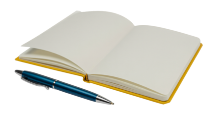 Open notebook with blank pages and blue pen ready for writing, planning, or creative brainstorming sessions in a bright workspace