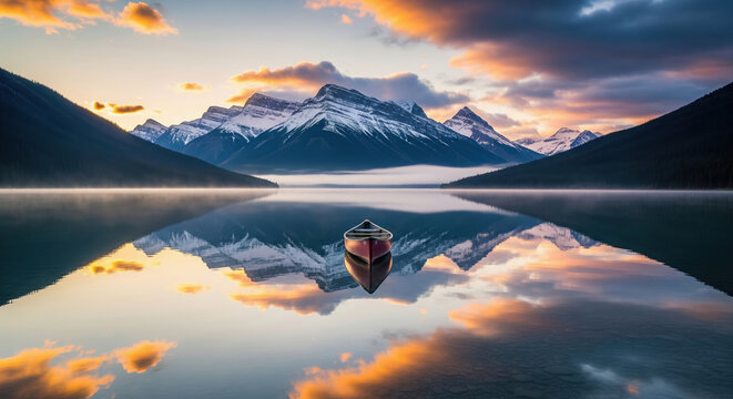 Red canoe on a tranquil mountain lake reflecting snow-capped peaks at sunrise. Scenic Canadian Rockies landscape with calm water and colorful clouds.