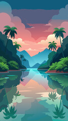 Serene tropical landscape with palm trees and mountains reflected in calm water at sunset