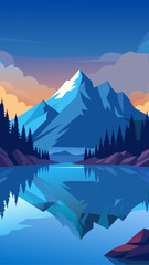 Serene mountain landscape with a calm lake reflecting the snow capped peaks and colorful sky