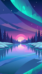 Vibrant aurora borealis over a frozen lake and pine forest at sunset
