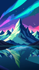 Vibrant aurora borealis over reflecting mountains and lake