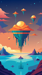 Surreal alien landscape with floating islands and vibrant sunset over a calm lake